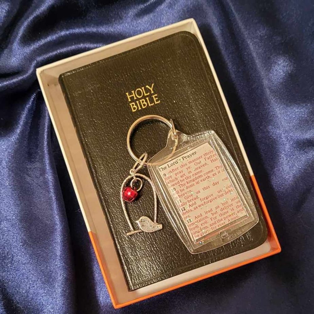 Bible Scripture Keychain with Bird & Bell Pendant with Brand New Pocket Bible
